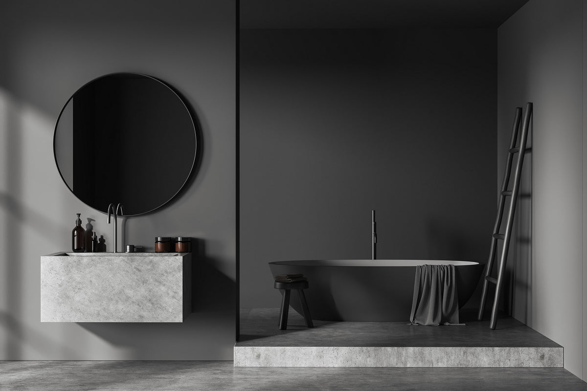 Badezimmer mit Natursteinwaschplatz und freistehender Badewanne – Visualisierung